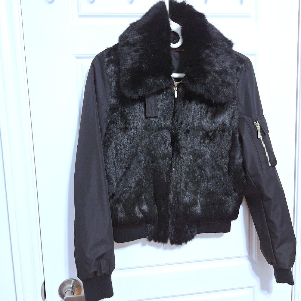 Black bomber jacket with rabbit hair front and detachable collar size small
